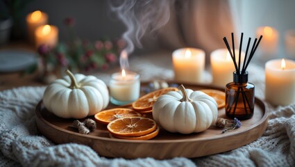 Cozy space for home meditation and relaxation. Aromatherapy with lit candles for comfort and enjoyment. Decor, house design.