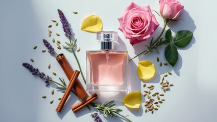 Composition featuring a bottle of perfume and flowers in the background, viewed from above.