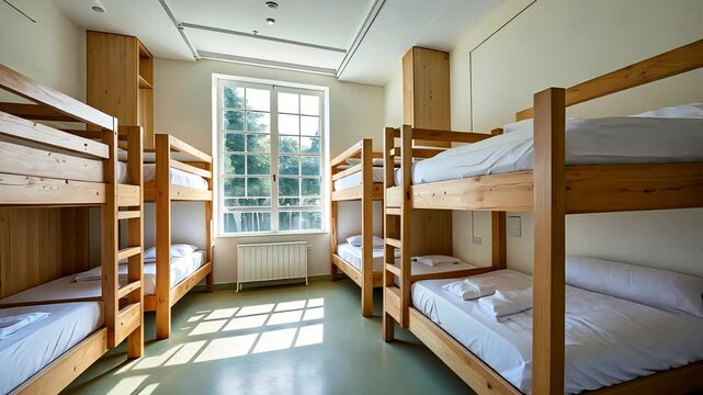 Bright empty dorm room with wooden bunk beds and large sunlit window