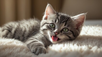 Happy gray striped kitten stretching and lounging in a plush white bed.