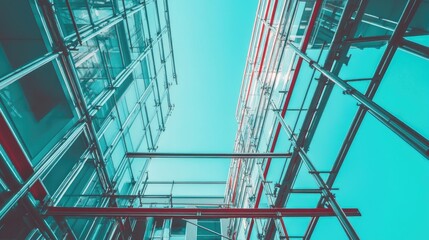 Construction scaffolding forming geometric patterns against the backdrop of a blue sky.