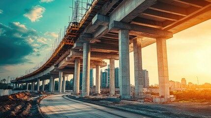Obraz premium Construction site of a highway overpass with massive steel beams and concrete pillars in progress.