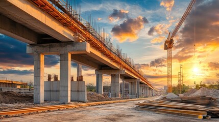 Construction site of a highway overpass with massive steel beams and concrete pillars in progress.