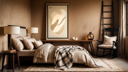 Cozy bedroom space featuring a mock-up poster frame, large bed, beige bedding, plaid blanket, lamps, wooden stands, black ladder, beige rug, and a wall with stucco along with personal accessories. ...