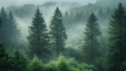 Fototapeta premium Healthy green trees in a forest of mature spruce, fir, and pine.