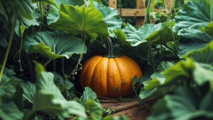Heirloom pumpkin concealed beneath foliage and vines.