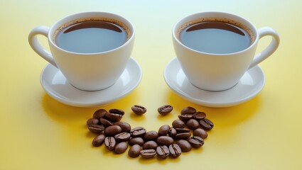 Fototapeta premium Creative arrangement featuring cups and coffee beans on a colorful backdrop.