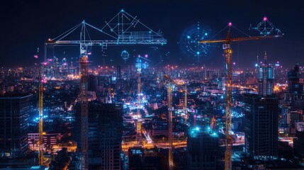 Obraz premium Digital blueprint overlay on a construction site, showcasing smart building technology.