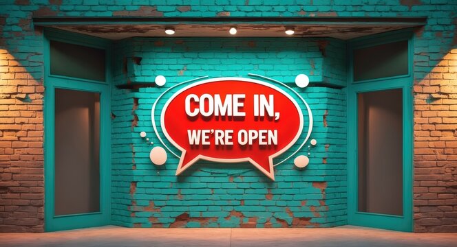 Come in, we're open sign featuring a graffiti design.