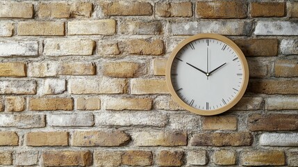 Simple round clock on a brick wall showing the time.