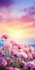 Obraz premium Pink Flowers in Field, Sunset Backdrop, Nature Scenery