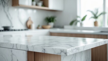 Close-up image of a modern kitchen island featuring a marble tabletop.