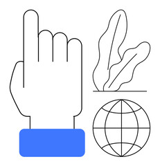 Hand with raised finger in simple design combined with a globe and abstract leaves, emphasizing ideas of global access, nature, digital communication, connectivity, and sustainability. Ideal