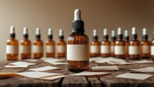 Clean mockup of a glass container with blotter paper for testing the scent of fragrance oil, perfume tester strips, exploration of perfumery and aromatherapy.