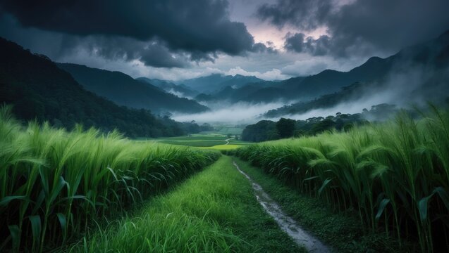 Close-up of picturesque agricultural farmland featuring lush maize fields within a beautiful green valley, encircled by forested mountains on a stormy day. Grass blades sway in the wind during the ...