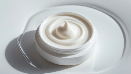 Close-up of a white beauty cream or yogurt on a light background.