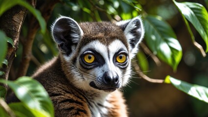 Obraz premium Close-up of a lemur with captivating yellow eyes hidden within vibrant green foliage in its natural habitat.