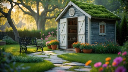 Obraz premium Close-up view of an outdoor storage shed situated in a backyard.