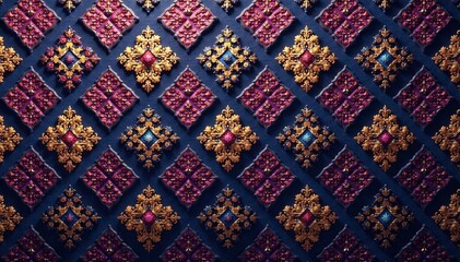 Geometric damask, angular motifs, repeating diamond shapes, architecture, wallpaper