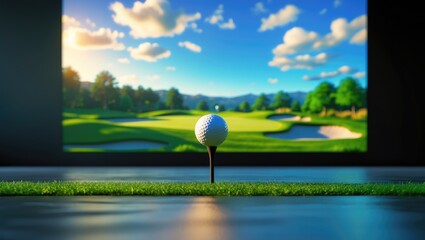 Golf ball in front of a display screen. Screen golf.