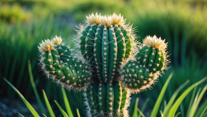Obraz premium Close-up of a spiky, multi-armed cactus surrounded by lush green grass.