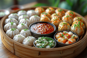 A platter of dim sum dumplings in bamboo steamers with chili dipping sauce. Concept of Cantonese brunch and bite-sized variety.