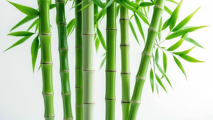 Green bamboo with leaves cut out on a white background featuring a clipping path and complete depth of field.