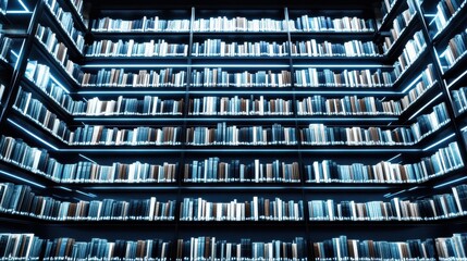 Obraz premium Infinite Knowledge Modern Library with Glowing Bookshelves.