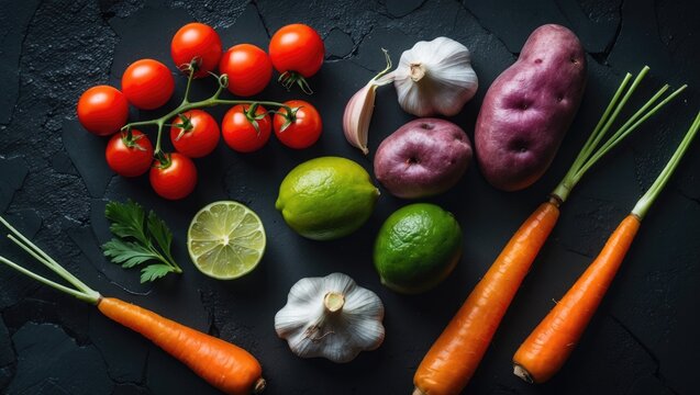 Close-up of vibrant spices and fresh vegetables for cooking on a dark metal surface with room for text. Bio healthy food ingredients.