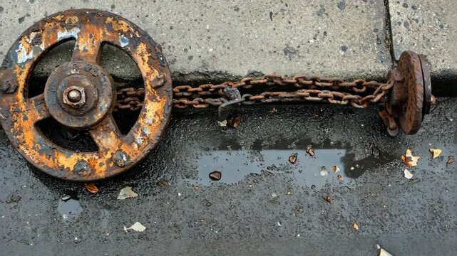 Weathered chain and wheel on a wet pavement after rain, showcasing urban decay and rusting metal