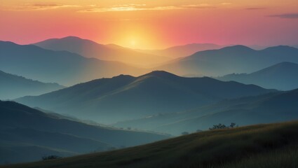 Obraz premium Golden sunlight bathes the distant mountains in a warm glow, emphasizing the tranquil landscape. Nature reveals its beauty as night approaches.