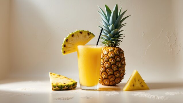Glass of fresh delicious pineapple juice on a background