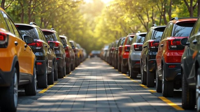 Rows of parked cars in a tree-lined parking lot on a sunny day