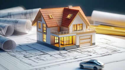 Illuminated Model House on Architectural Blueprints