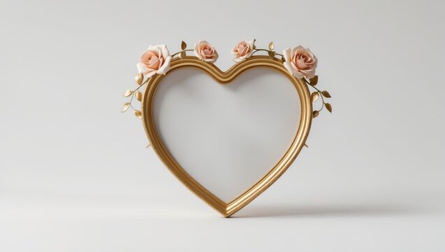 Golden heart photo frame isolated on white background with clipping path.