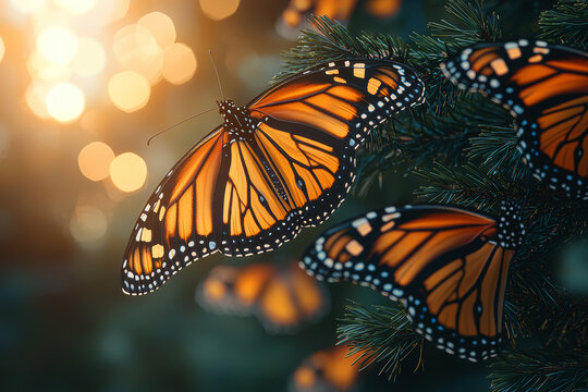 A monarch butterfly cluster hanging from oyamel fir branches in a Mexican forest. Concept of migration miracles and fragile ecosystems.