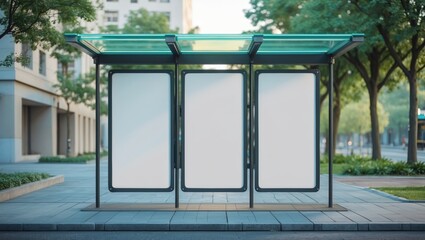 Bus stop mockup featuring a blank billboard on the sidewalk. Unoccupied advertising display for a banner or poster.