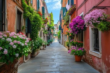 Naklejka premium Colorful blooms line the streets of Venice, creating a vibrant and picturesque scene.