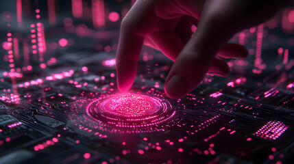 A hand touches a glowing pink circuit board representing advanced technology possibly for data control or system activation. Ideal for tech website banners.