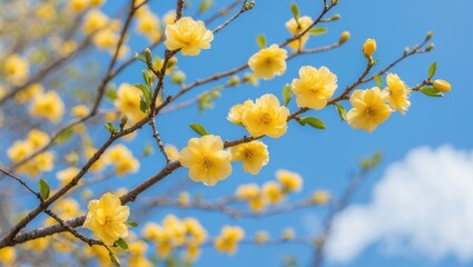 Golden apricot blossoms embellish branches, a brilliant display of yellow tones, signaling the onset of spring with fragrant beauty and nature's lively festivity.