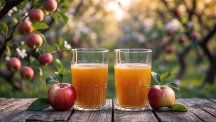 Glasses of apple juice placed on a wooden table surrounded by fresh fruits in a garden.