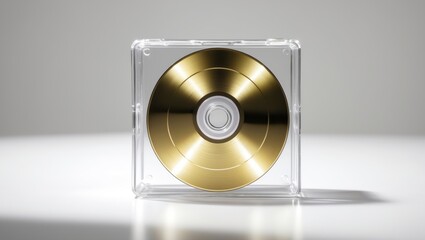 Golden CD in transparent plastic case, isolated.