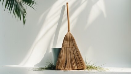 Broom and coconut palm grass for recycling and cleansing day, broom, witches isolated on a white background, witch's broomstick.