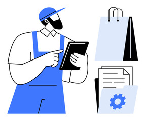 Man in uniform using tablet, shopping bags on side, organized papers in folder, gear icon. Ideal for logistics, inventory, e-commerce, delivery warehouse supply chain organization. Flat simple