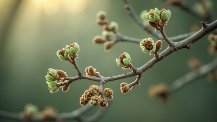 Close-up of a tree branch featuring new buds sprouting against a blurred backdrop.