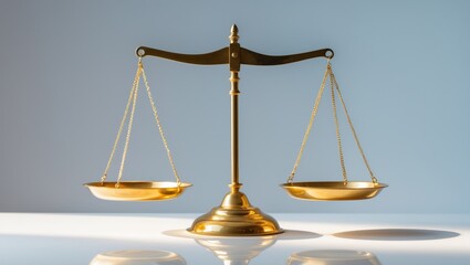 Gold brass balance scale, weight balance scale placed on a white desktop.