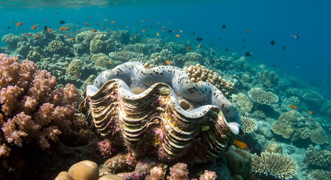 Giant Clam Resting on Coral Reef with Colorful Fish Swimming