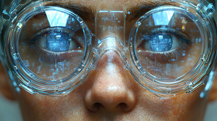 Intense close-up of eyes wearing futuristic glasses overlaying digital data. Implies advanced technology or augmented reality. Suggests potential for virtual experiences.