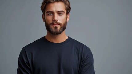 Obraz premium Bearded man with blue eyes posing confidently on a gray background