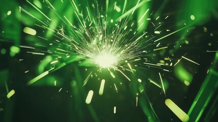 Fototapeta premium High-speed welding sparks scattering against a neon green background, symbolizing energy and craftsmanship.